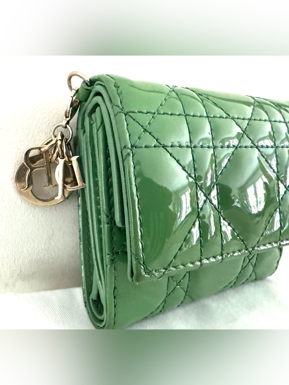 DIOR Green Patent Cannage Compact Wallet w/Charm & Box
